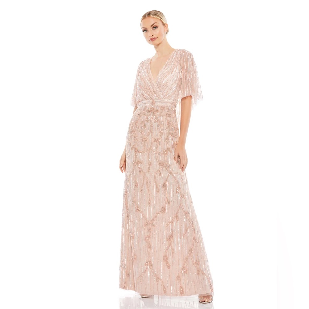 Mac Duggal Embellished‎ Cap Sleeve Sequin Flutter Sleeve Column Gown - NWT